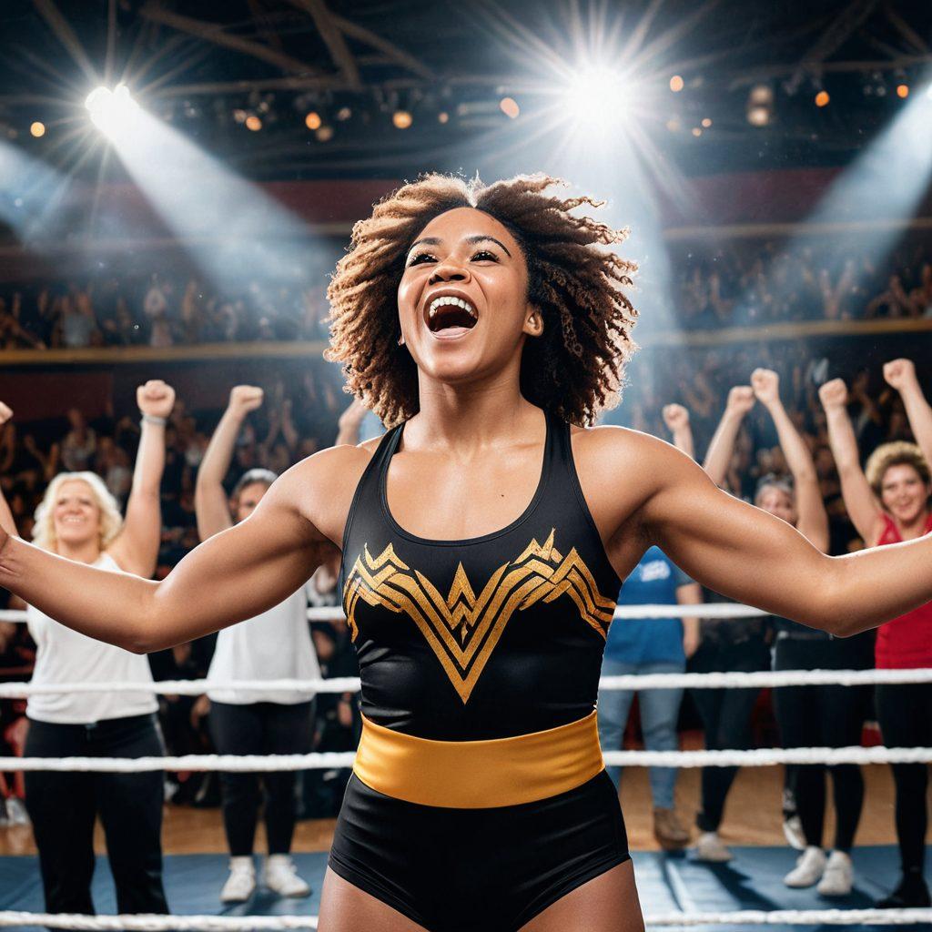 A powerful female wrestler triumphantly standing in the center of a wrestling ring, surrounded by diverse women from various cultures, showcasing strength and unity. The audience is cheering in the background, with banners promoting empowerment and respect for women. Soft rays of sunlight shining down from above create a warm and inspiring atmosphere. vibrant colors. super-realistic.