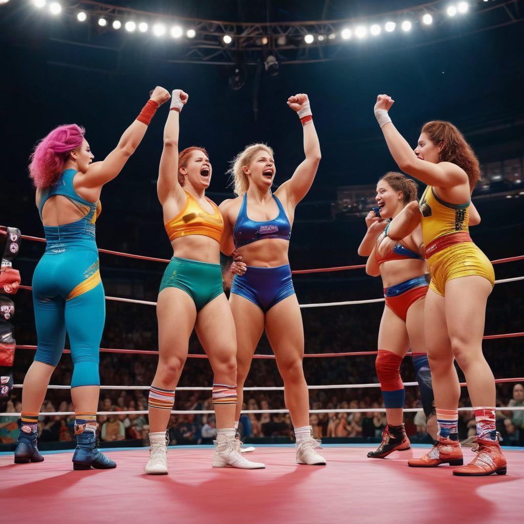 A powerful scene capturing a diverse group of women wrestlers in a vibrant ring, showcasing their strength and determination. Highlight their unique wrestling outfits that blend traditional and modern styles, surrounded by an enthusiastic audience. Incorporate symbols of empowerment such as fists raised in solidarity and colorful banners celebrating women's achievements in wrestling. The atmosphere should be dynamic and lively, radiating energy and spirit. super-realistic. vibrant colors. 3D.